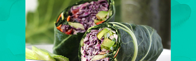 Collard Green Burrito with Avocado, Cranberry and Blueberry Chia Vinaigrette
